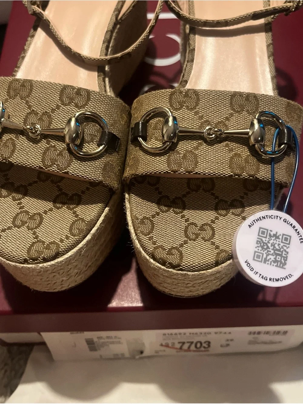 Gucci Brown Monogram Platform Espadrille Sandals with Gold Hardware